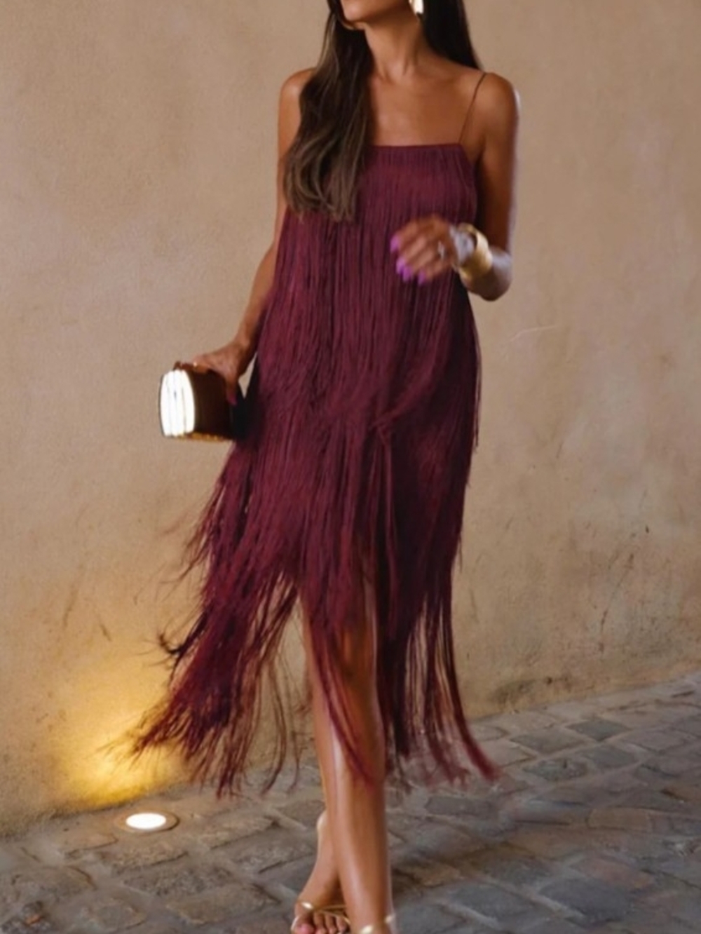 COMMENSE Fringe Slip Dress in Deep Wine - Women’s Elegant Evening Dress Size S